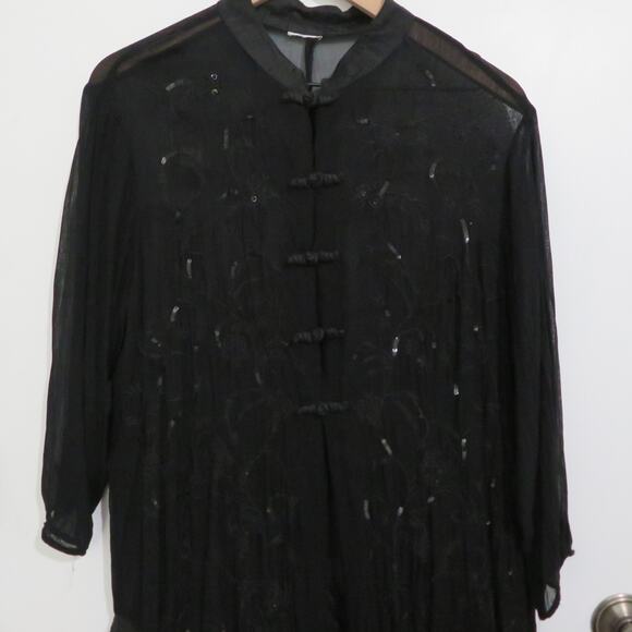 Womens Black Sheer Floral Embroidered Kimono with Sequins Long Sleeve - Picture 3 of 8